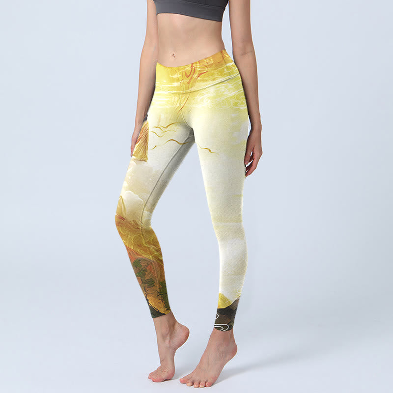 Leggings fitness da donna con stampa di nuvole dorate di buon auspicio Buddha Stones - Verga d'oro chiaraGiallo - US18, UK/AU22, EU50 (4XL) - image 1