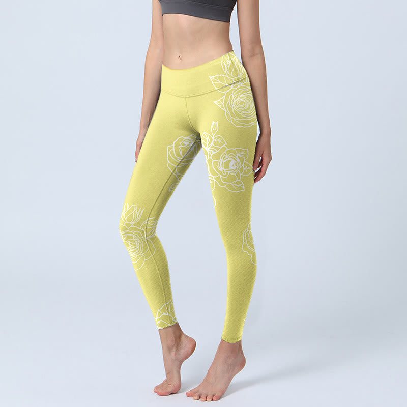 Leggings fitness con stampa di rose gialle Buddha Stones Pantaloni da yoga da donna - LemonChiffon - US18, UK/AU22, EU50 (4XL) - image 1