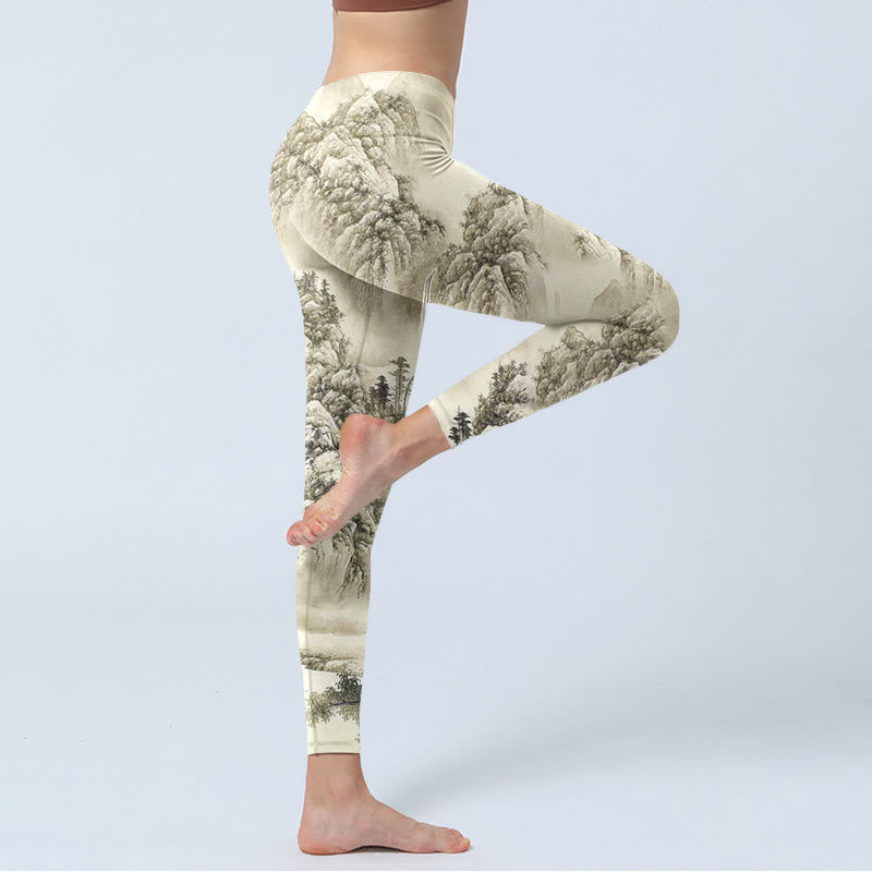 Leggings sportivi da donna con stampa Buddha Stones Mountain Tree River Scenery Pantaloni da yoga - image 3