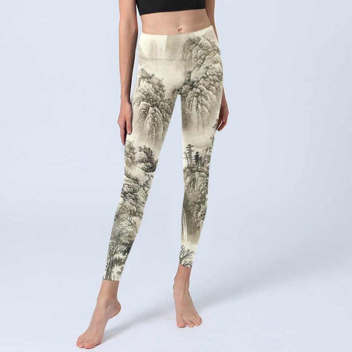 Leggings sportivi da donna con stampa Buddha Stones Mountain Tree River Scenery Pantaloni da yoga - image 5