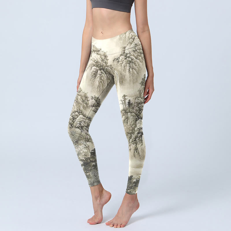 Leggings sportivi da donna con stampa Buddha Stones Mountain Tree River Scenery Pantaloni da yoga - Beige - US18, UK/AU22, EU50 (4XL) - image 1