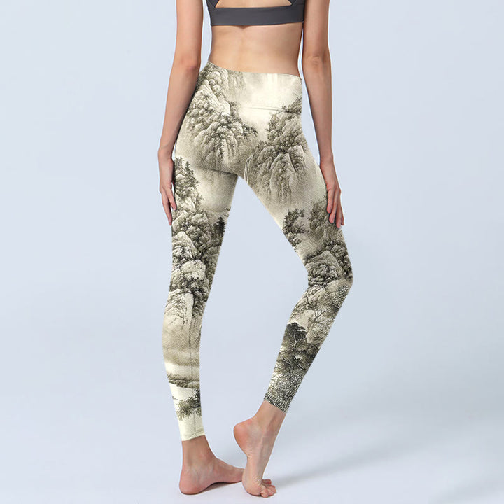 Leggings sportivi da donna con stampa Buddha Stones Mountain Tree River Scenery Pantaloni da yoga - image 5