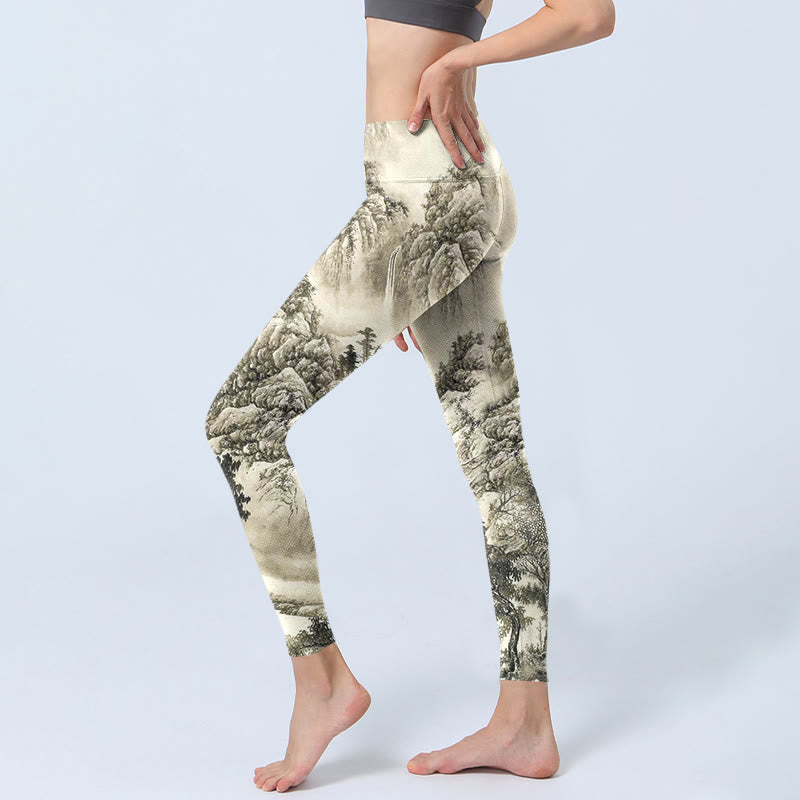 Leggings sportivi da donna con stampa Buddha Stones Mountain Tree River Scenery Pantaloni da yoga - image 3