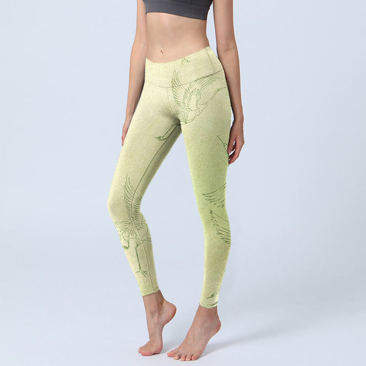 Leggings sportivi con stampa di gru giallo chiaro Buddha Stones , pantaloni da yoga da donna - Giallo chiaro - US18, UK/AU22, EU50 (4XL) - image 1
