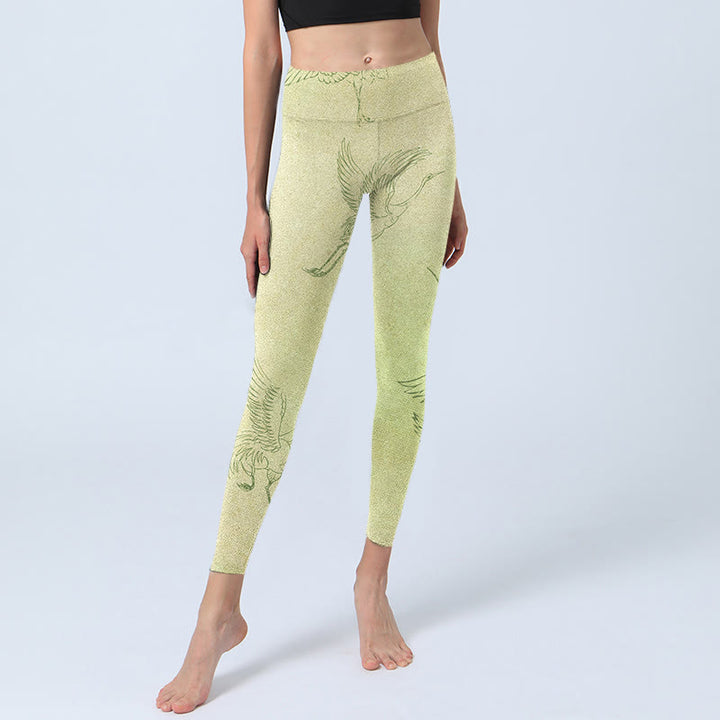 Leggings sportivi con stampa di gru giallo chiaro Buddha Stones , pantaloni da yoga da donna
