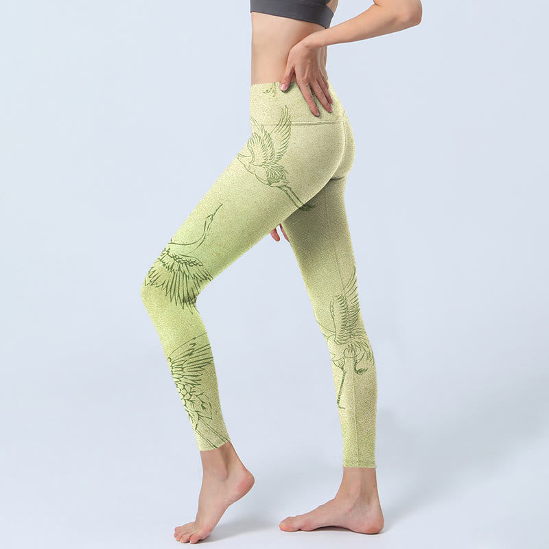 Leggings sportivi con stampa di gru giallo chiaro Buddha Stones , pantaloni da yoga da donna