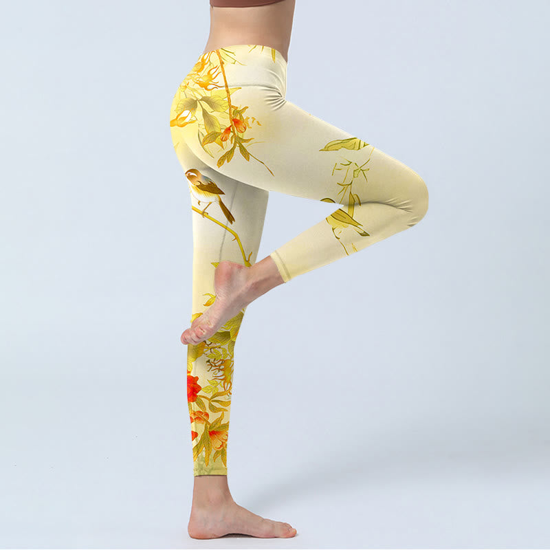 Leggings sportivi con stampa di fiori di peonia giallo chiaro Buddha Stones, pantaloni da yoga da donna - image 3