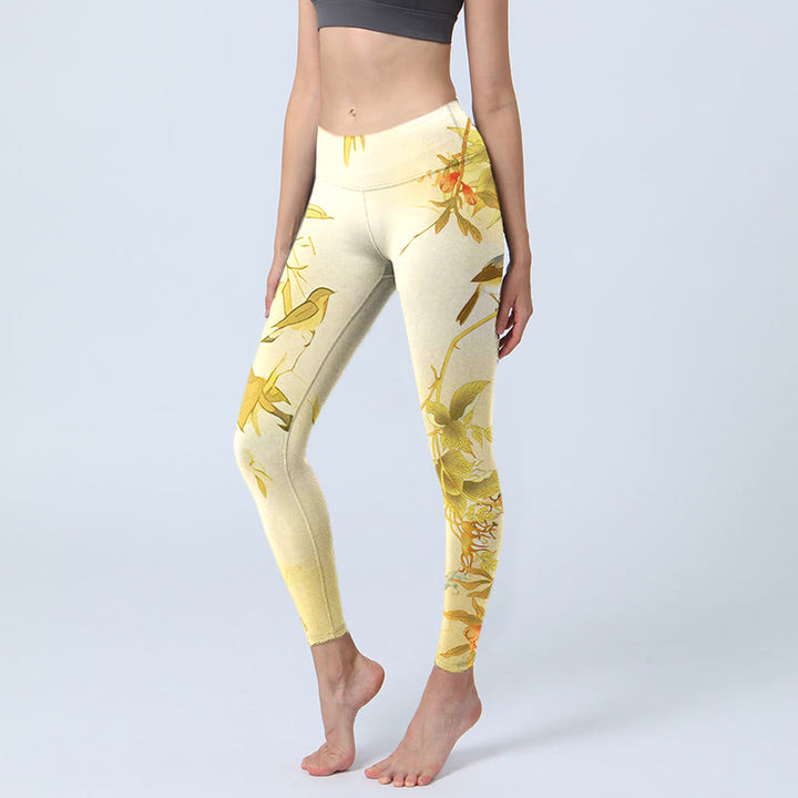 Leggings sportivi con stampa di fiori di peonia giallo chiaro Buddha Stones, pantaloni da yoga da donna - Giallo chiaro - US18, UK/AU22, EU50 (4XL) - image 0