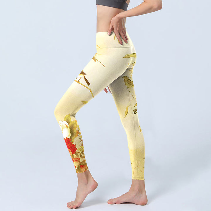 Leggings sportivi con stampa di fiori di peonia giallo chiaro Buddha Stones, pantaloni da yoga da donna - image 3