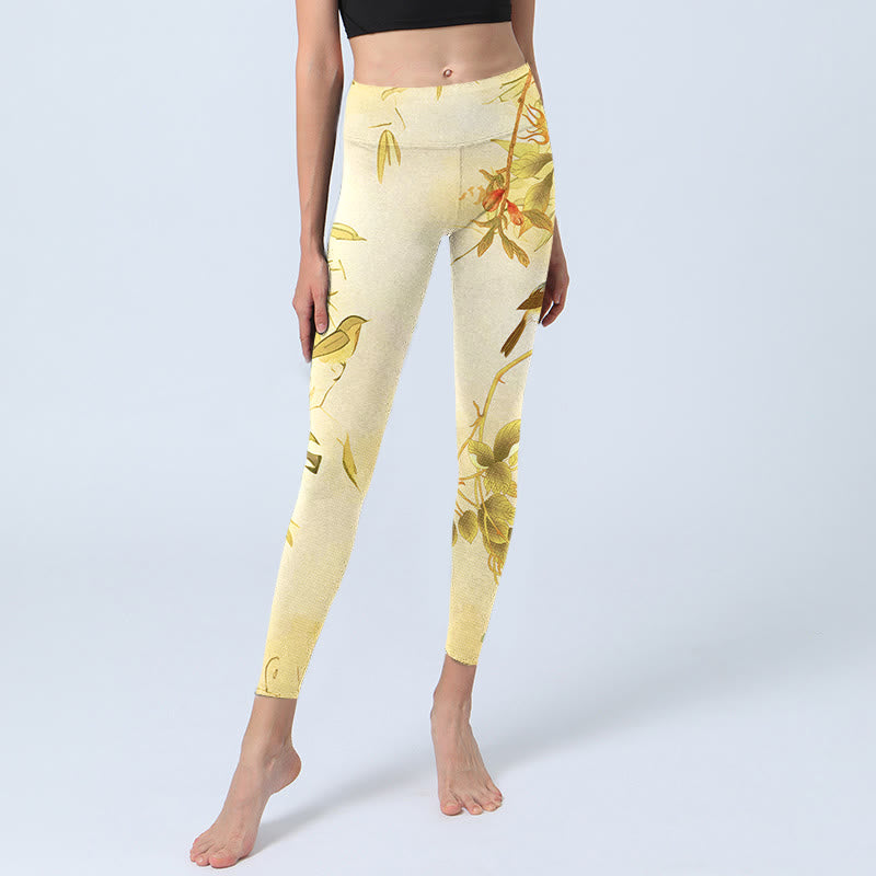 Leggings sportivi con stampa di fiori di peonia giallo chiaro Buddha Stones, pantaloni da yoga da donna - image 5