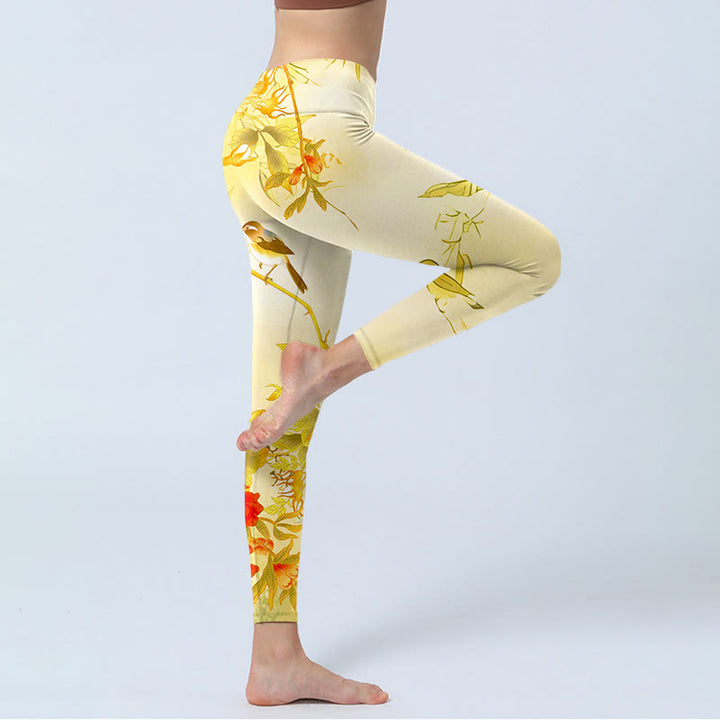 Leggings sportivi con stampa di fiori di peonia giallo chiaro Buddha Stones, pantaloni da yoga da donna - image 4