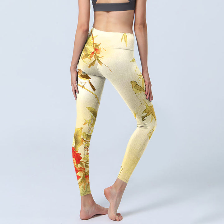 Leggings sportivi con stampa di fiori di peonia giallo chiaro Buddha Stones, pantaloni da yoga da donna - image 5
