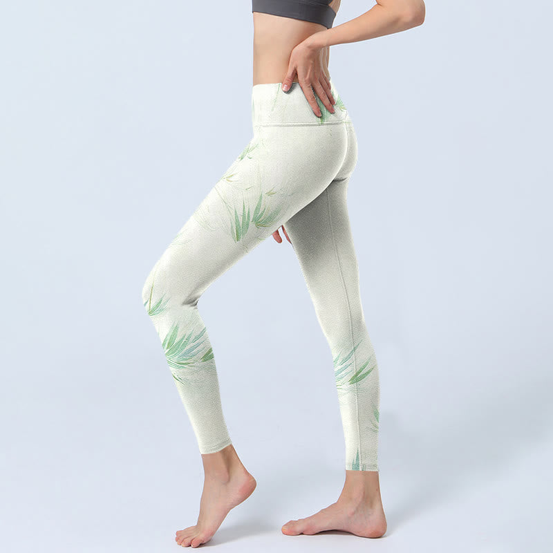 Leggings sportivi con stampa di foglie di bambù verde Buddha Stones Pantaloni da yoga da donna - image 3