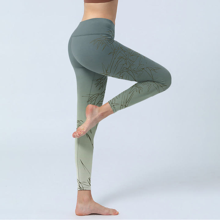 Leggings sportivi con stampa di foglie di bambù Buddha Stones, pantaloni da yoga da donna - image 3