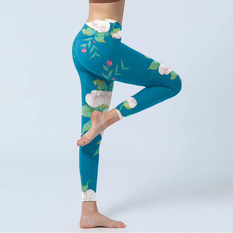 Leggings sportivi da donna con stampa di fiori bianchi blu e foglie Buddha Stones - image 4