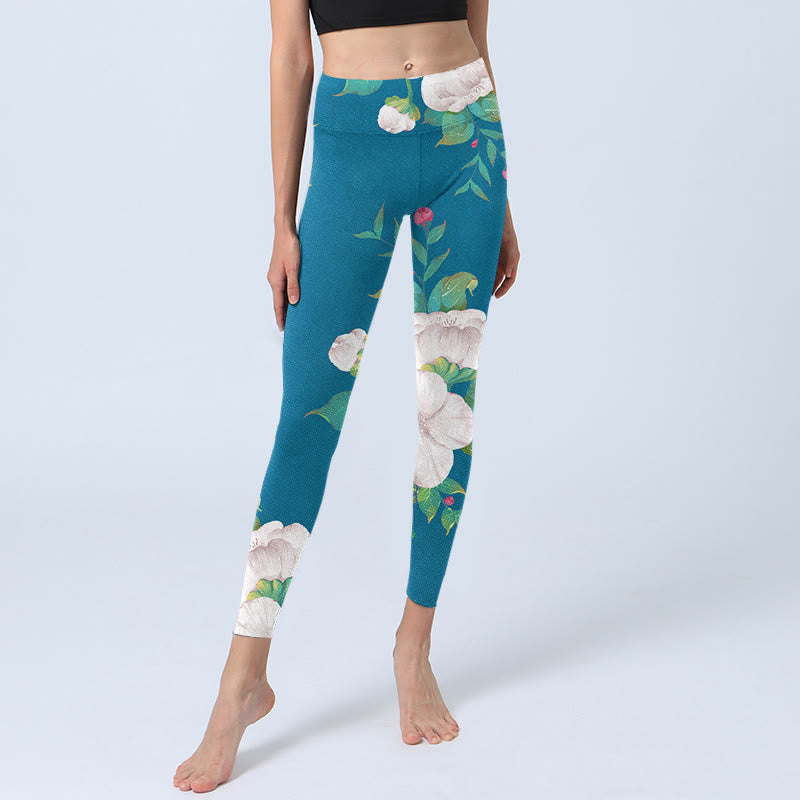 Leggings sportivi da donna con stampa di fiori bianchi blu e foglie Buddha Stones - image 6