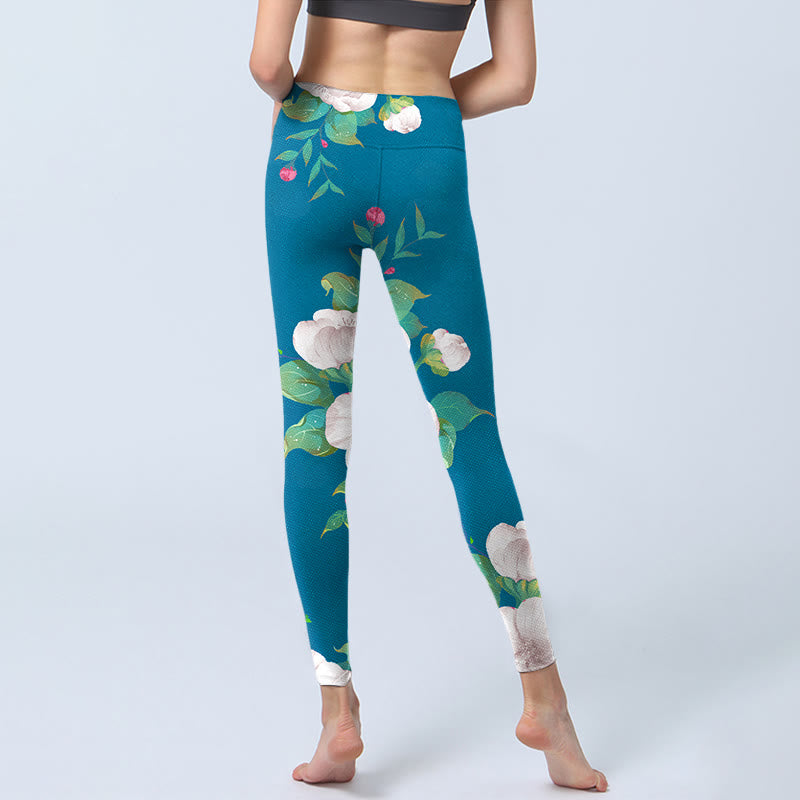 Leggings sportivi da donna con stampa di fiori bianchi blu e foglie Buddha Stones - image 7