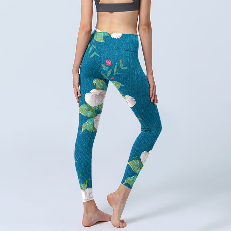 Leggings sportivi da donna con stampa di fiori bianchi blu e foglie Buddha Stones - image 5