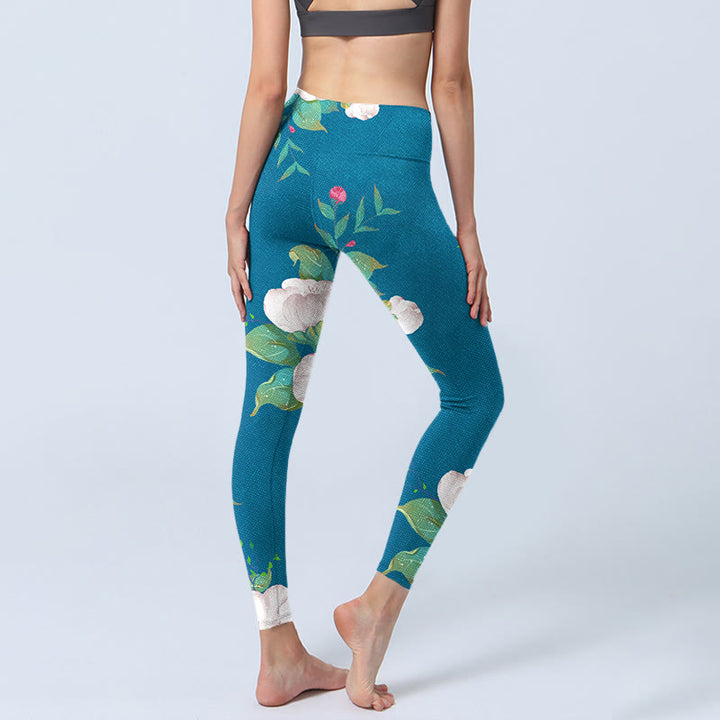 Leggings sportivi da donna con stampa di fiori bianchi blu e foglie Buddha Stones - image 5