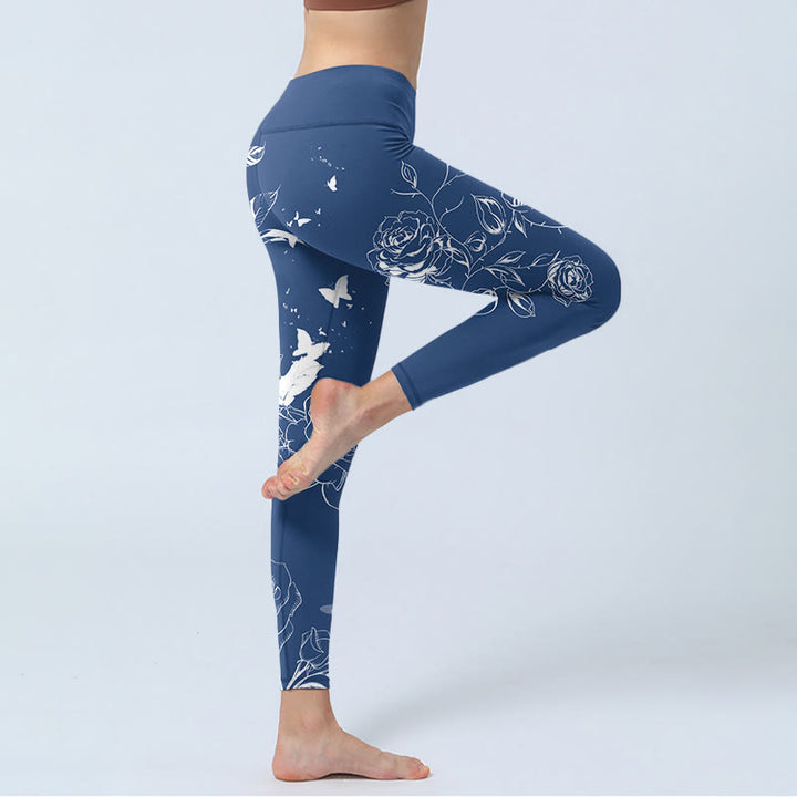 Leggings sportivi con stampa di farfalle e rose blu Buddha Stones, pantaloni da yoga da donna - image 5