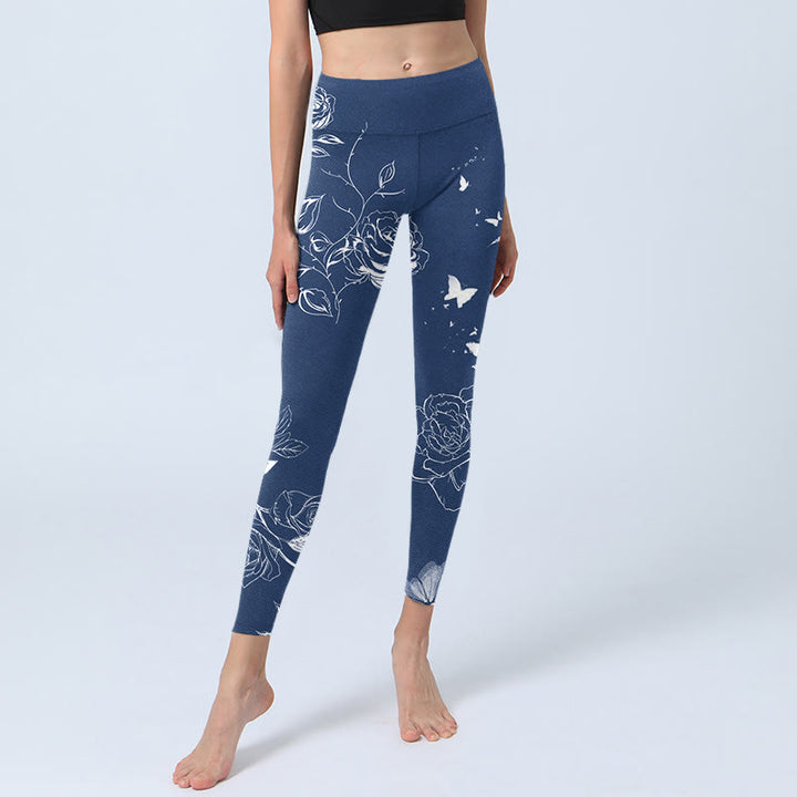 Leggings sportivi con stampa di farfalle e rose blu Buddha Stones, pantaloni da yoga da donna - image 7