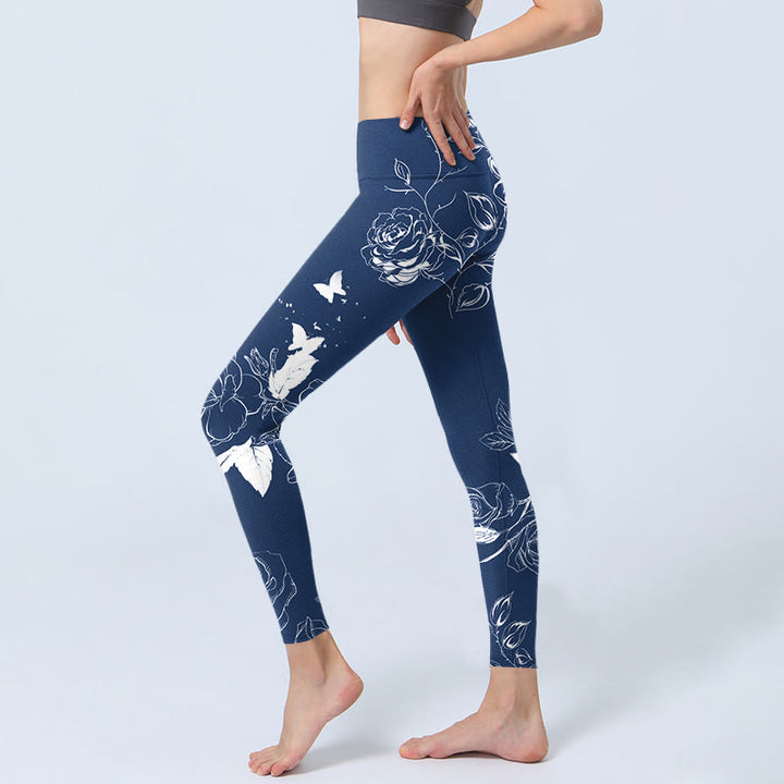Leggings sportivi con stampa di farfalle e rose blu Buddha Stones, pantaloni da yoga da donna - image 3