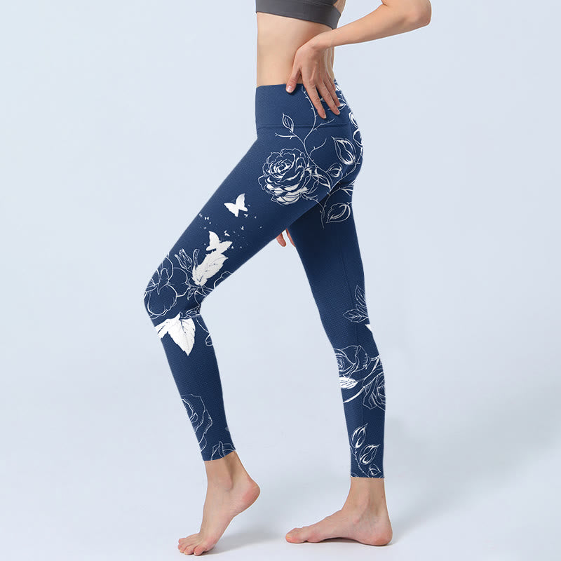 Leggings sportivi con stampa di farfalle e rose blu Buddha Stones, pantaloni da yoga da donna - image 4