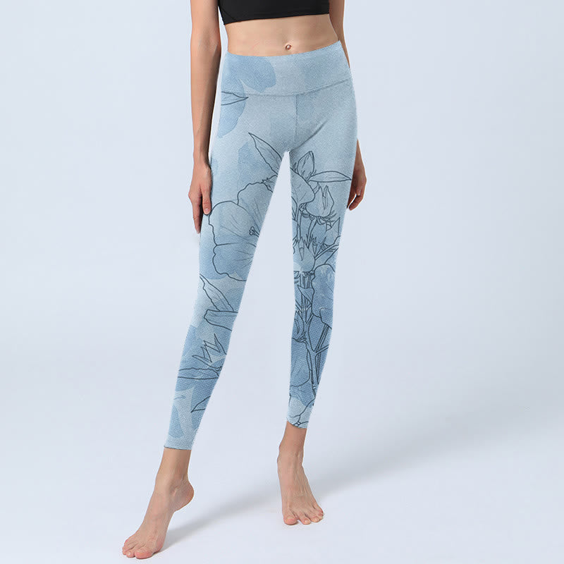Leggings sportivi con stampa di schizzi di fiori blu Buddha Stones Pantaloni da yoga da donna - image 6