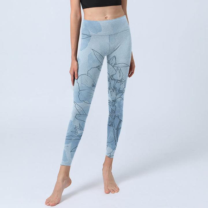 Leggings sportivi con stampa di schizzi di fiori blu Buddha Stones Pantaloni da yoga da donna - image 6