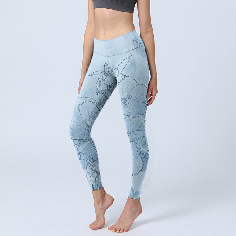 Leggings sportivi con stampa di schizzi di fiori blu Buddha Stones Pantaloni da yoga da donna - Azzurro chiaro - US18, UK/AU22, EU50 (4XL) - image 1