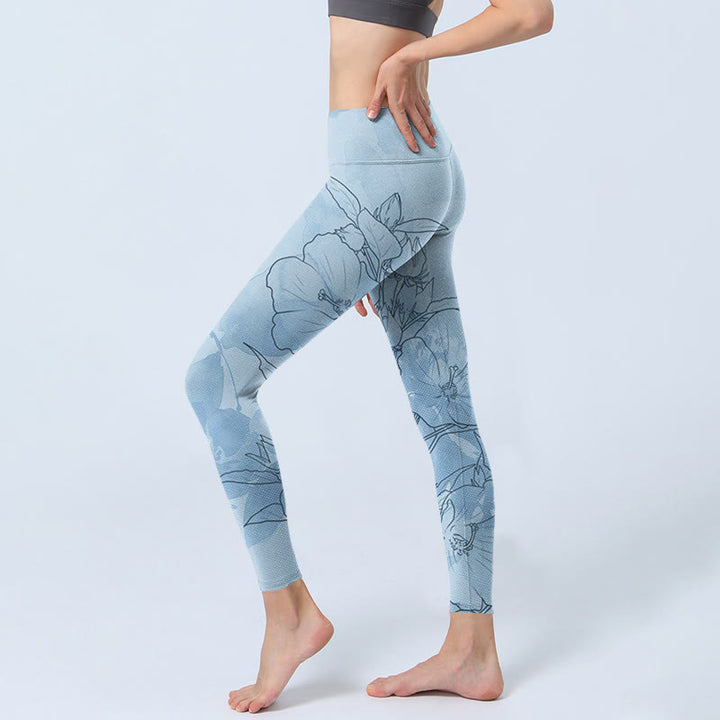 Leggings sportivi con stampa di schizzi di fiori blu Buddha Stones Pantaloni da yoga da donna - image 3