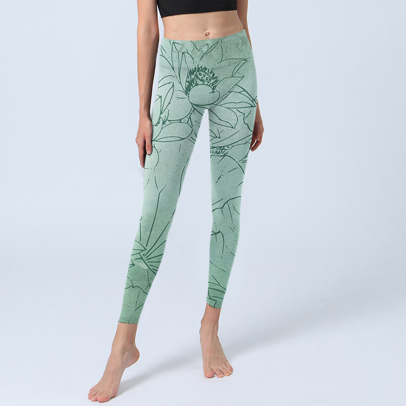 Leggings sportivi con stampa di fiori di loto verde Buddha Stones Pantaloni da yoga da donna - image 6