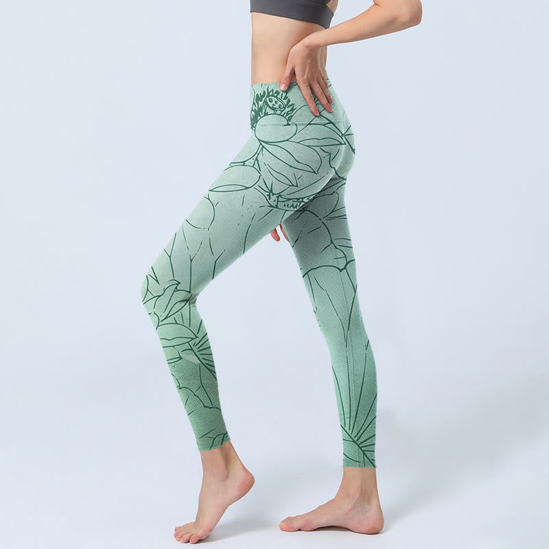 Leggings sportivi con stampa di fiori di loto verde Buddha Stones Pantaloni da yoga da donna - image 2