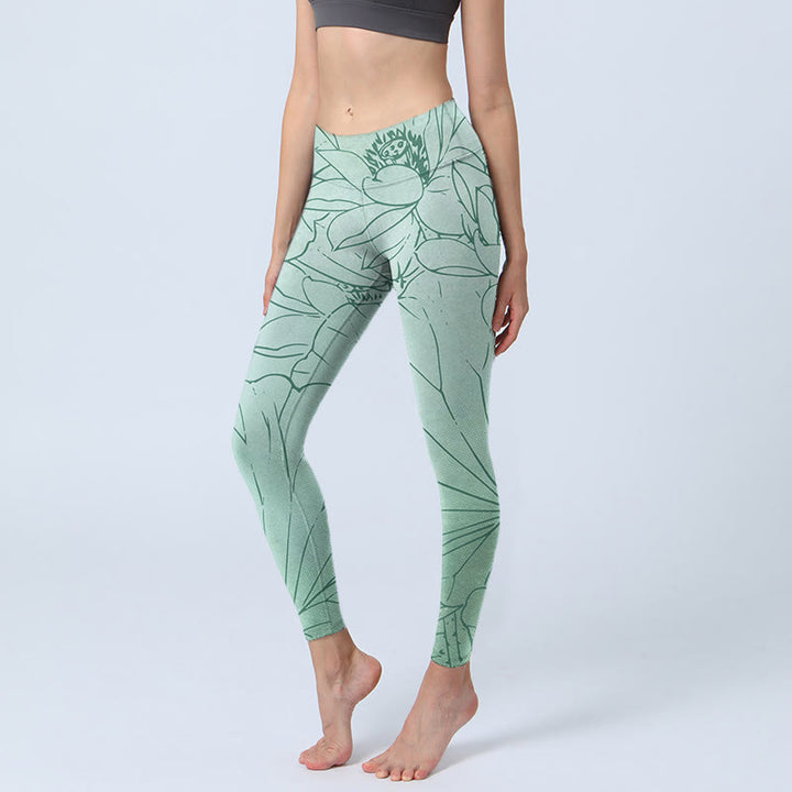 Leggings sportivi con stampa di fiori di loto verde Buddha Stones Pantaloni da yoga da donna - DarkSeaGreen - US18, UK/AU22, EU50 (4XL) - image 0