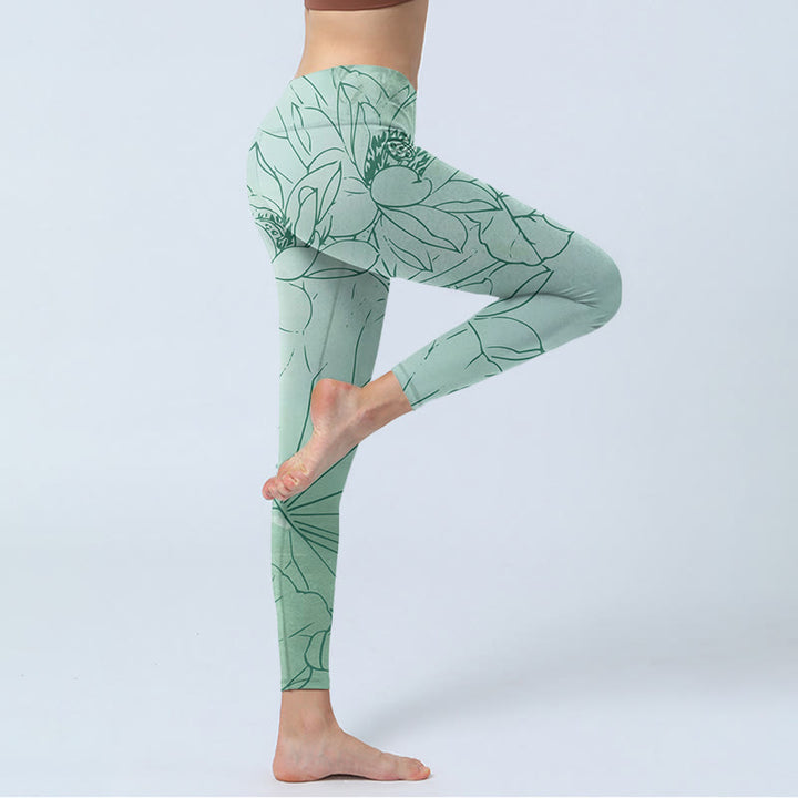 Leggings sportivi con stampa di fiori di loto verde Buddha Stones Pantaloni da yoga da donna - image 3