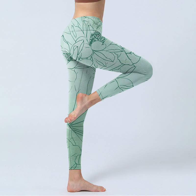 Leggings sportivi con stampa di fiori di loto verde Buddha Stones Pantaloni da yoga da donna - image 4