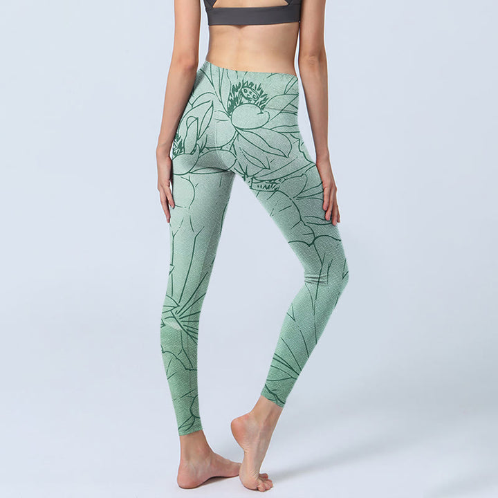 Leggings sportivi con stampa di fiori di loto verde Buddha Stones Pantaloni da yoga da donna - image 5