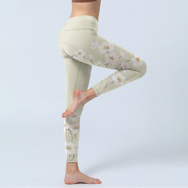 Leggings da palestra con stampa di fiori di prugna beige Buddha Stones , pantaloni da yoga da donna - image 4