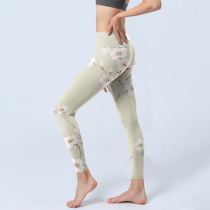 Leggings da palestra con stampa di fiori di prugna beige Buddha Stones , pantaloni da yoga da donna - image 2