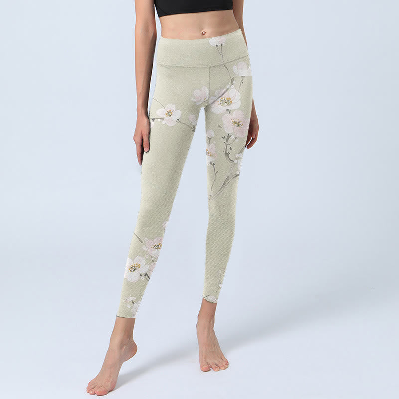 Leggings da palestra con stampa di fiori di prugna beige Buddha Stones , pantaloni da yoga da donna - image 5