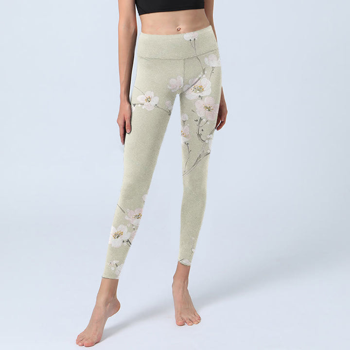 Leggings da palestra con stampa di fiori di prugna beige Buddha Stones , pantaloni da yoga da donna - image 5