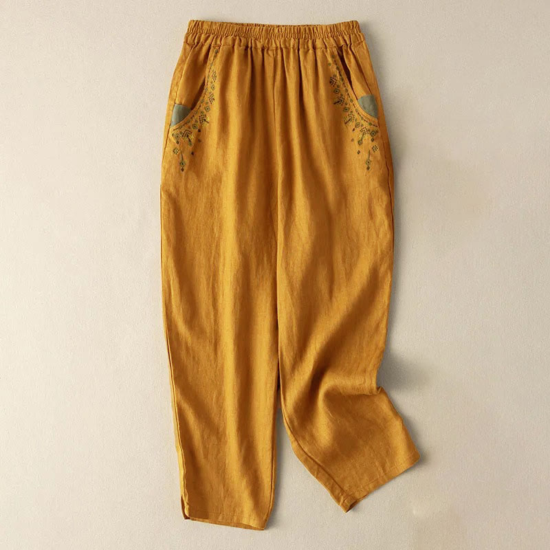 Pantaloni harem Capri con elastico in vita e tasche, ricamo vintage con Buddha Stones - Giallo - US14, UK/AU18, EU46 (4XL) - image 0