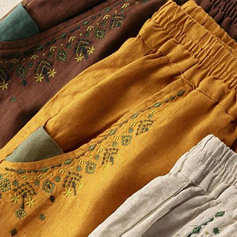 Pantaloni harem Capri con elastico in vita e tasche, ricamo vintage con Buddha Stones - image 1