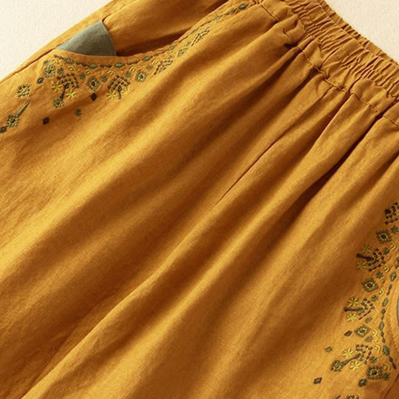 Pantaloni harem Capri con elastico in vita e tasche, ricamo vintage con Buddha Stones - image 2