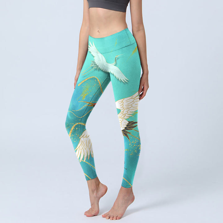 Leggings fitness con stampa di gru di montagna verde menta Buddha Stones Pantaloni da yoga da donna - Turchese medio - US18, UK/AU22, EU50 (4XL) - image 1