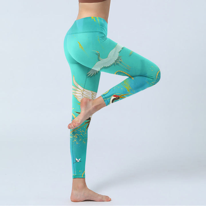 Leggings fitness con stampa di gru di montagna verde menta Buddha Stones Pantaloni da yoga da donna - image 4