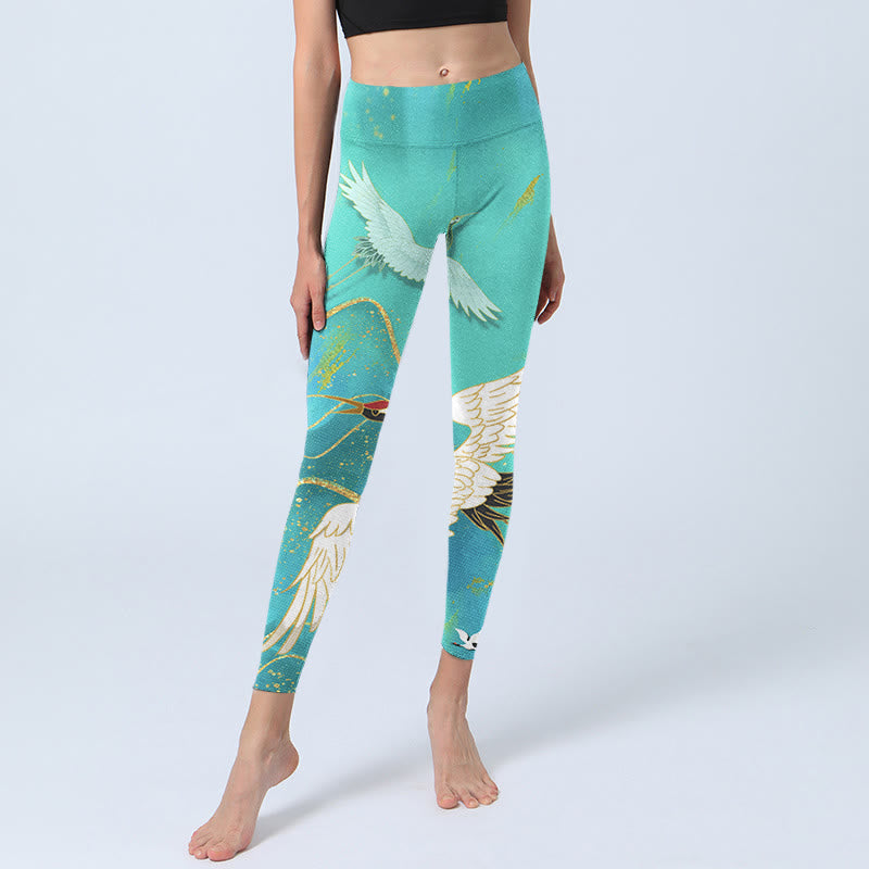 Leggings fitness con stampa di gru di montagna verde menta Buddha Stones Pantaloni da yoga da donna - image 6
