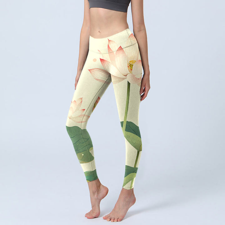 Leggings fitness con stampa di fiori di Buddha Stones , foglie e libellule, pantaloni da yoga da donna - Bianco antico - US18, UK/AU22, EU50 (4XL) - image 0