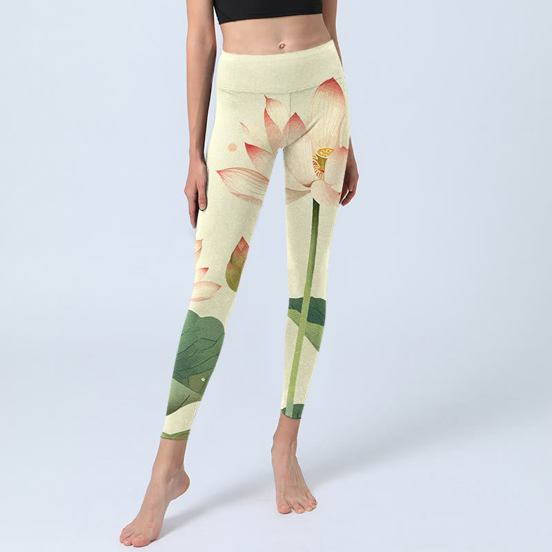Leggings fitness con stampa di fiori di Buddha Stones , foglie e libellule, pantaloni da yoga da donna - image 6