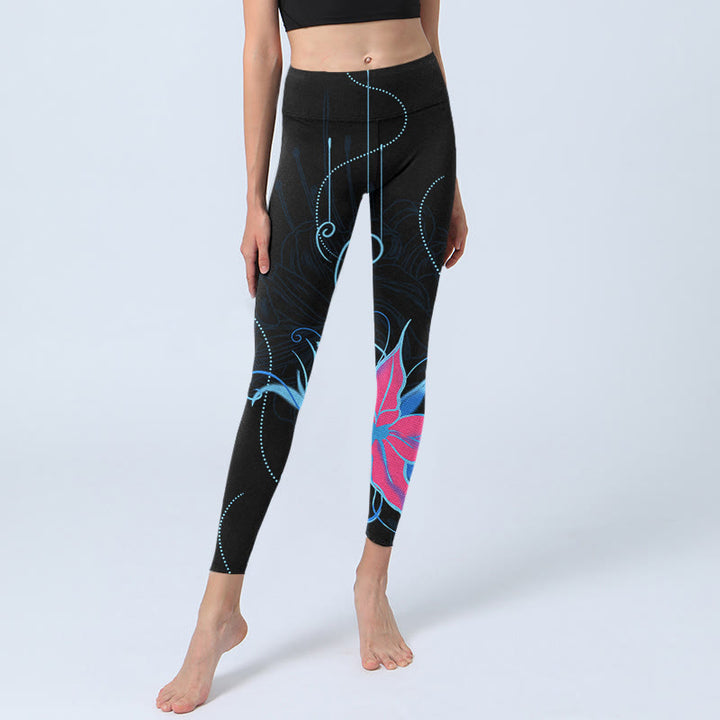 Leggings fitness da donna con stampa di fiori rosa blu e Buddha Stones, pantaloni da yoga - image 6